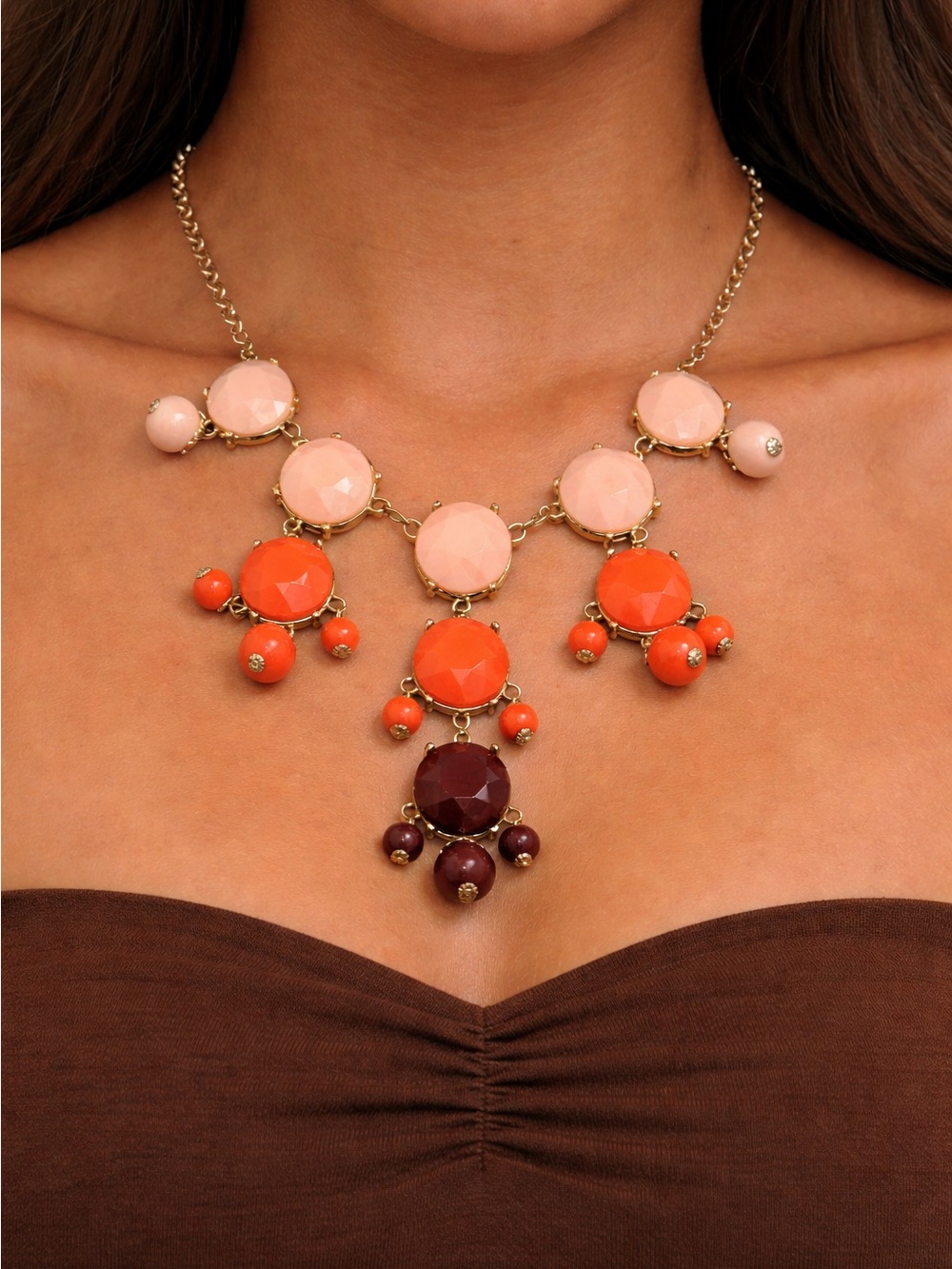 Vintage Shades of Coral Orange Beaded Necklace Gold Tone Chain Rare Summer Look!